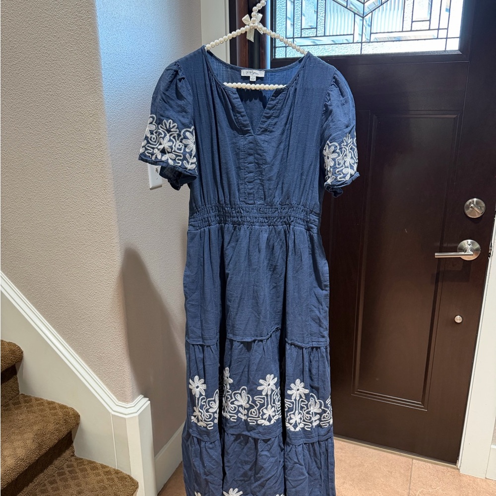 Polagram Navy Maxi Dress with White Embroidery